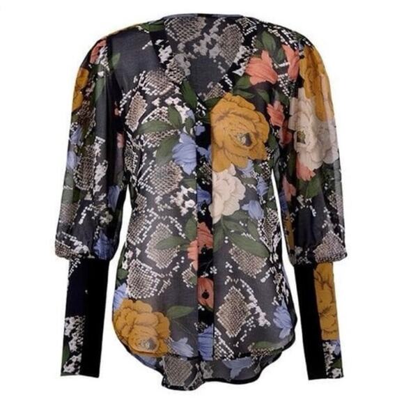 CABI 3762 Womens LARGE Snake Charmer Sheer Dark Floral Blouse Top Balloon Sleeve - Picture 16 of 16